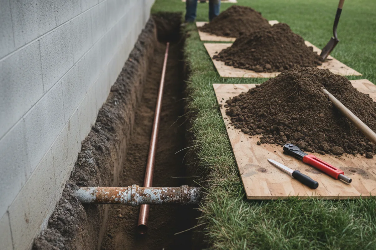 Excavated water line trench during Sewer Line Repair in Round Mountain